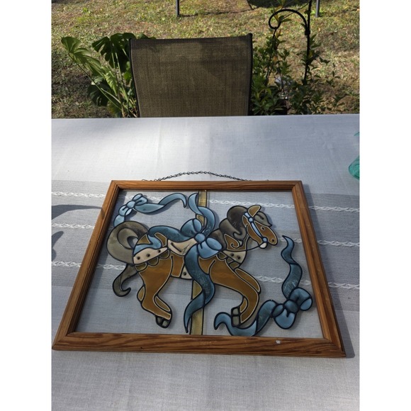 VTG Painted Glass Carousel Horses Window Panel Wood Frame‎ 22"x18" Hanging Art - Picture 6 of 11